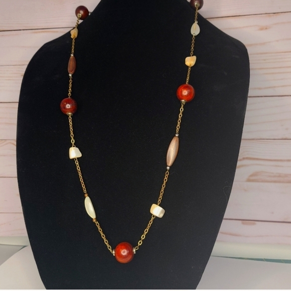 Cookie Lee Jewelry - Cookie Lee Beautiful Brass, wooden and shell beaded chain necklace 34"